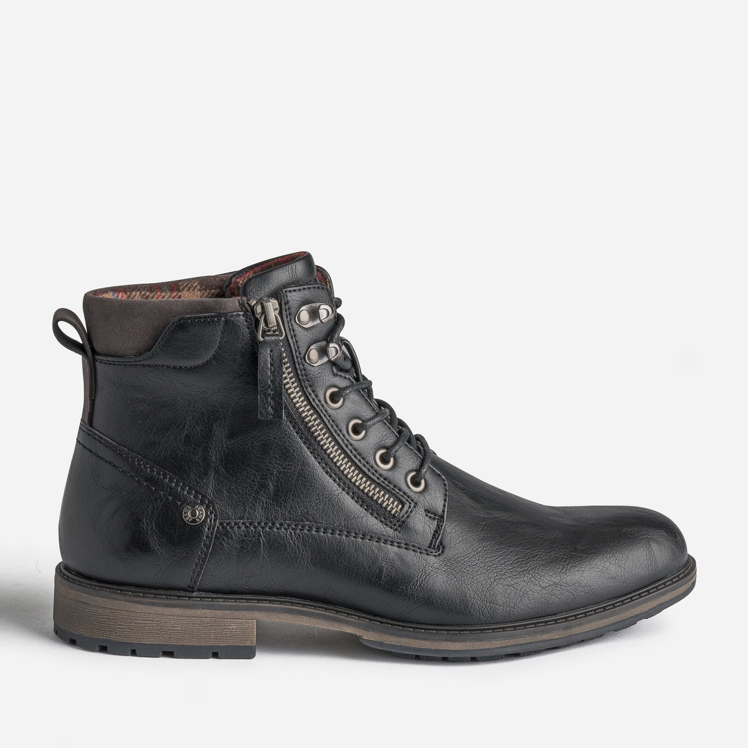 Black ankle boot with check lining