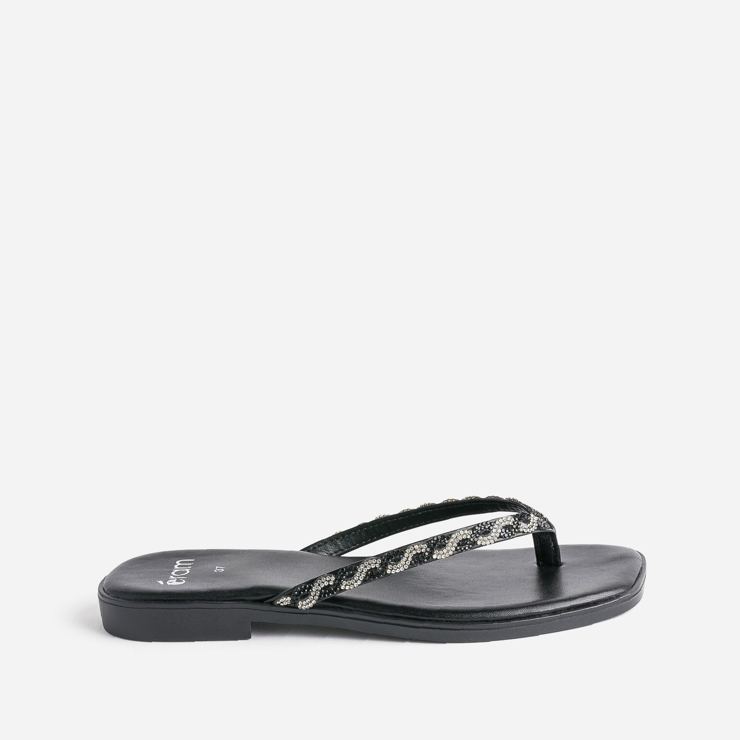 TEXTO black flip flops with rhinestone straps Flat sandals Flips flops Women ERAM