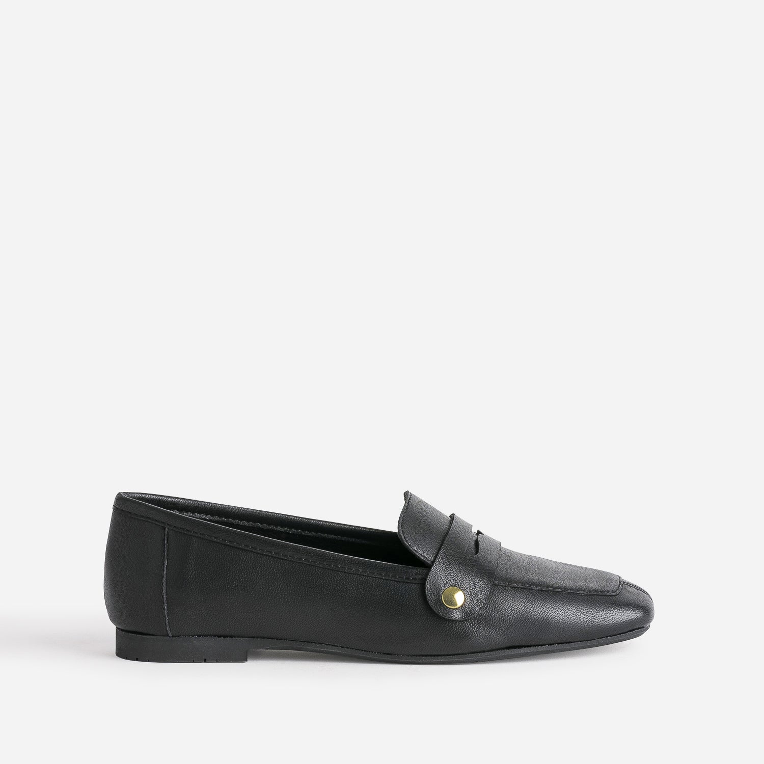 Black leather moccasin with gold rivets