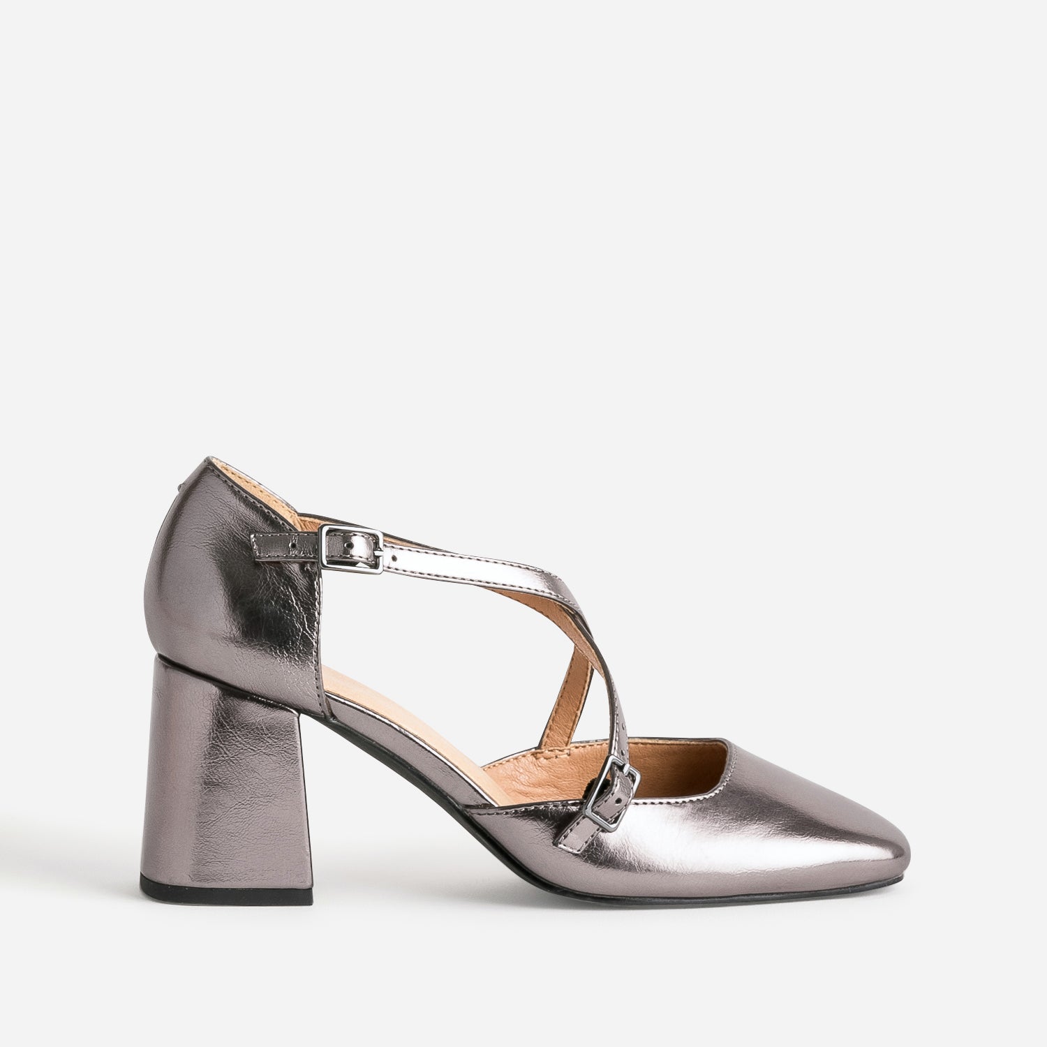 Metallic grey Mary Janes with crossover straps