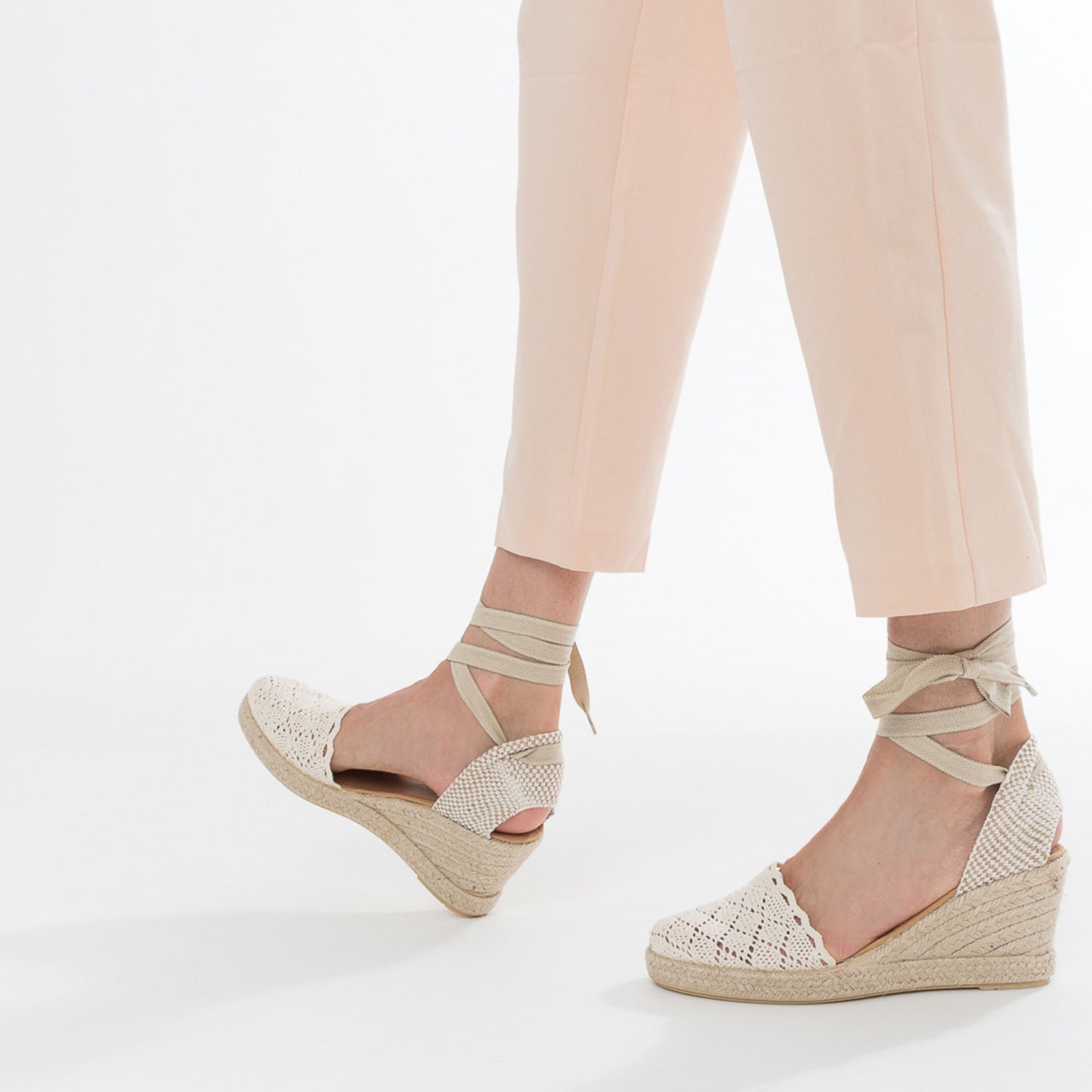 Ecru crochet wedge espadrilles