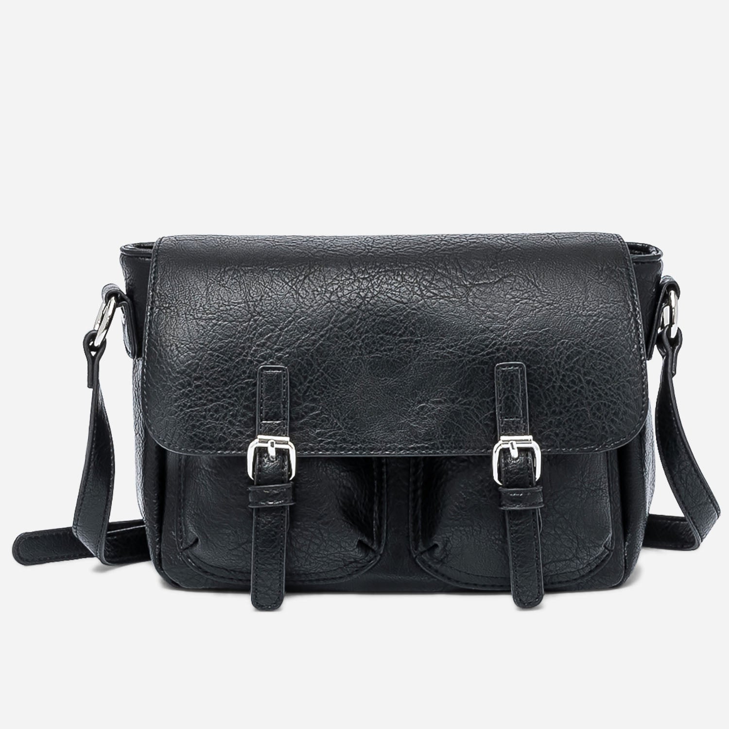 Black shoulder bag with double buckle